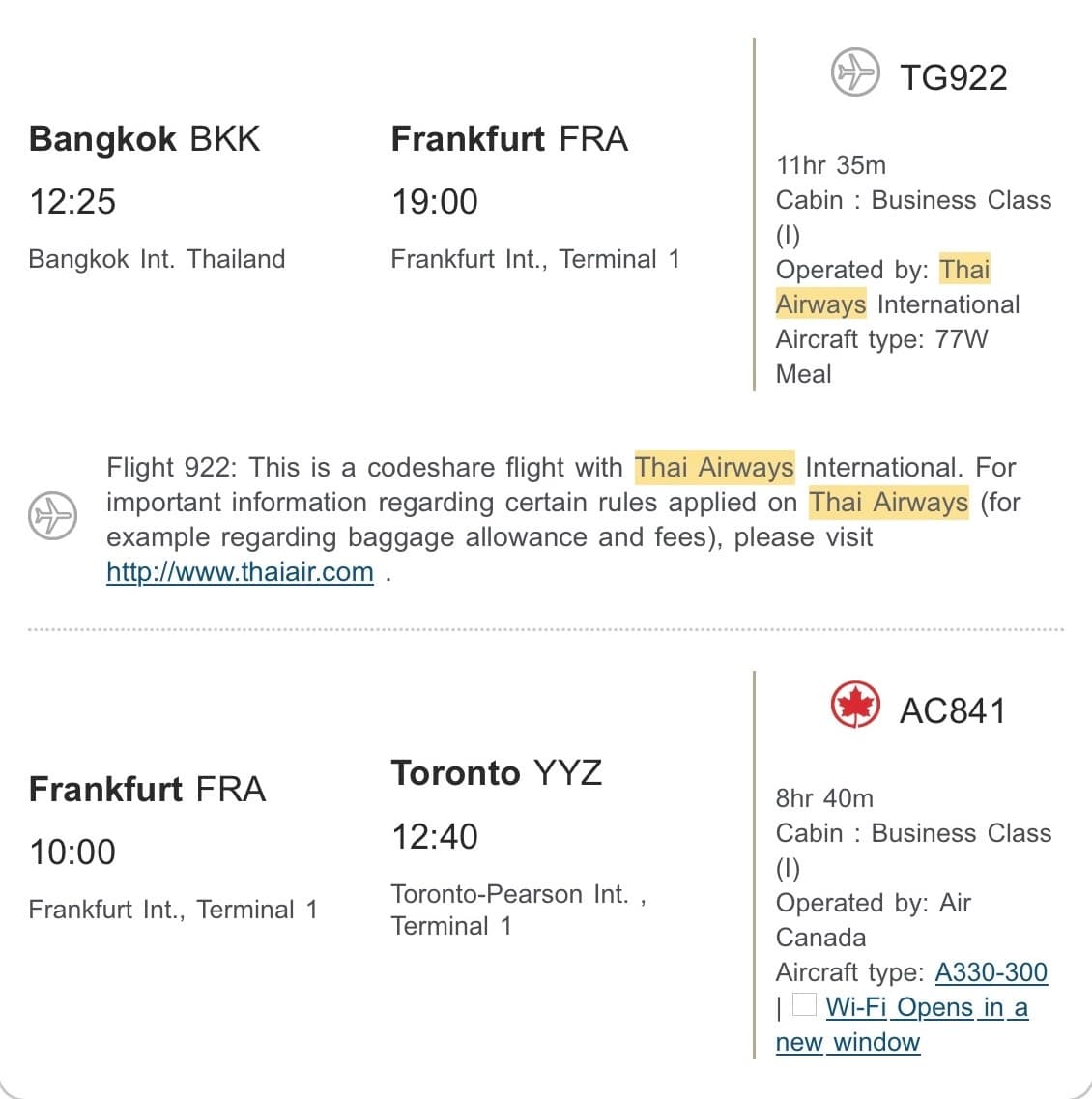 Aeroplan booking confirmation, Bangkok to Toronto in business class