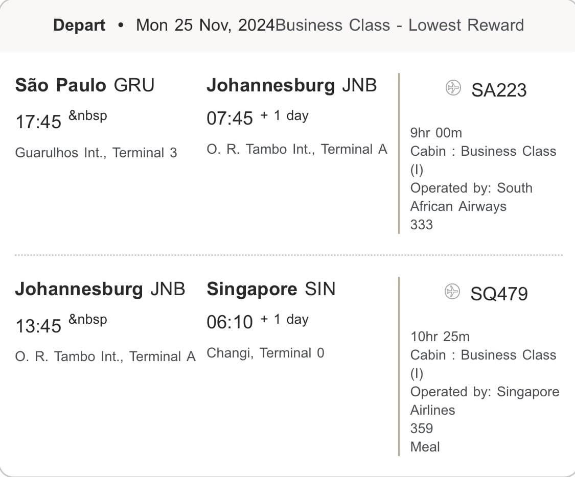 Aeroplan booking confirmation, São Paulo to Singapore in business class