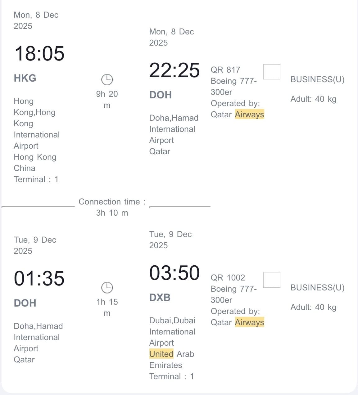 Qatar Avios booking confirmation, Hong Kong to Dubai in business class