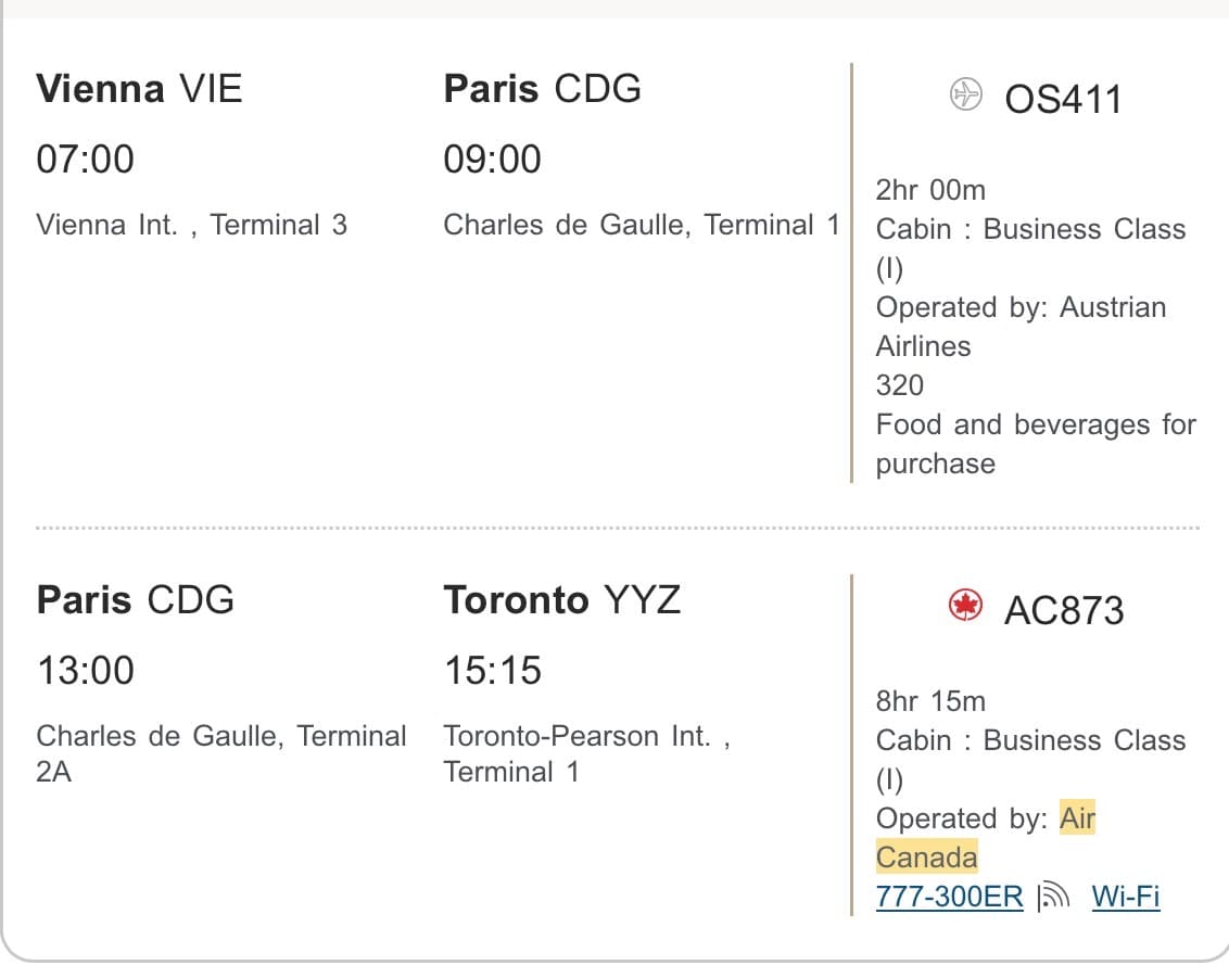 Booking confirmation, Vienna to Toronto in business class using purchased miles
